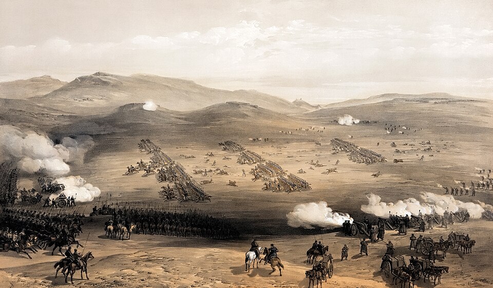 Skąd wziął się kardigan i jak stał się klasykiem męskiej i damskiej garderoby? William Simpson “Szarża brygady lekkiej kawalerii, 25 Października 1854 r.”. Litografia z 1855 r
